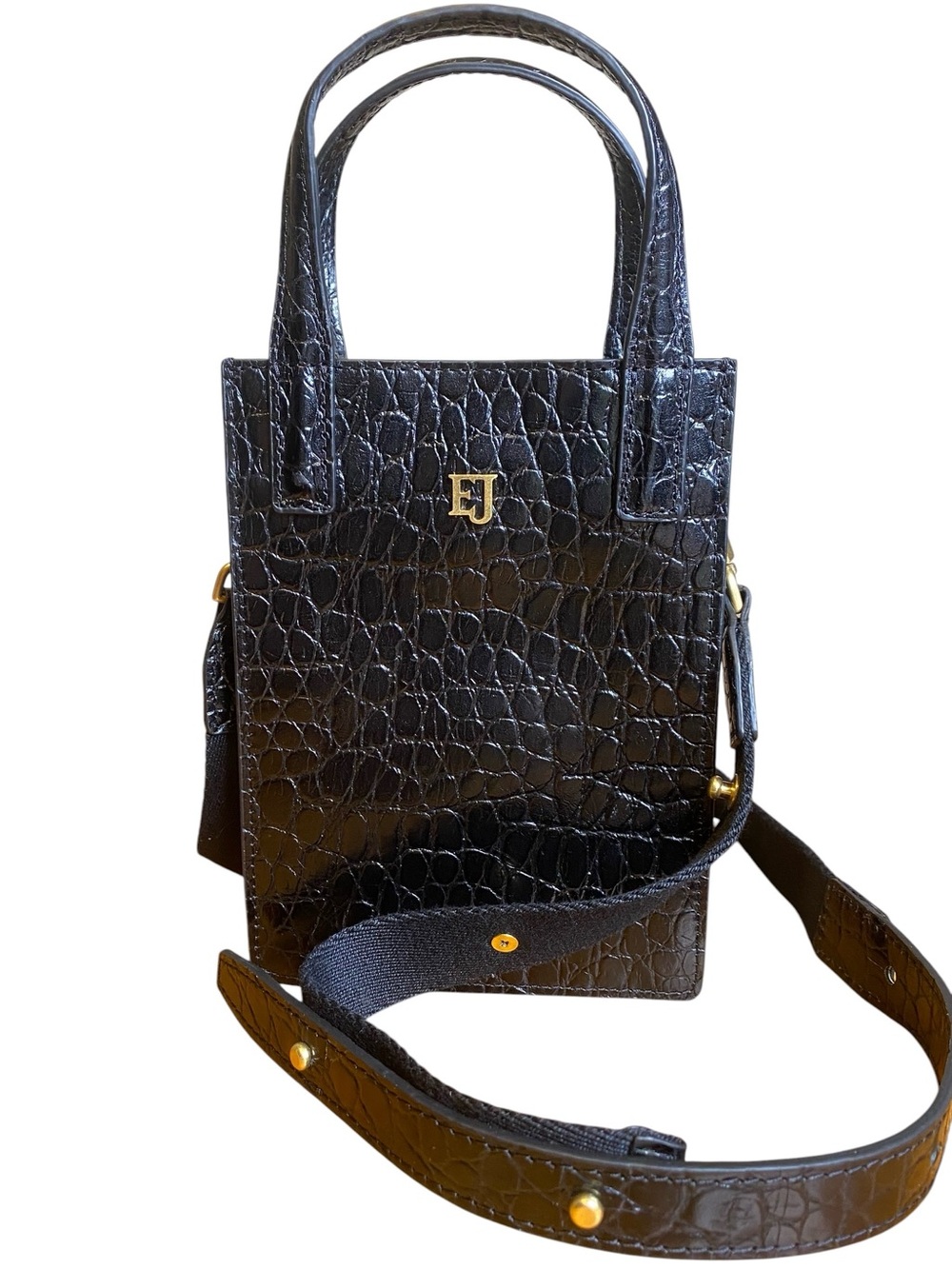 Eric Javits Black Croc Embossed Treat Shopper Crossbody Mini Bag